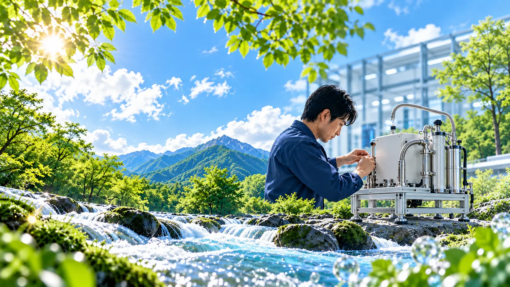 水と空気の生成技術を研究する技術者と清らかな水の風景
